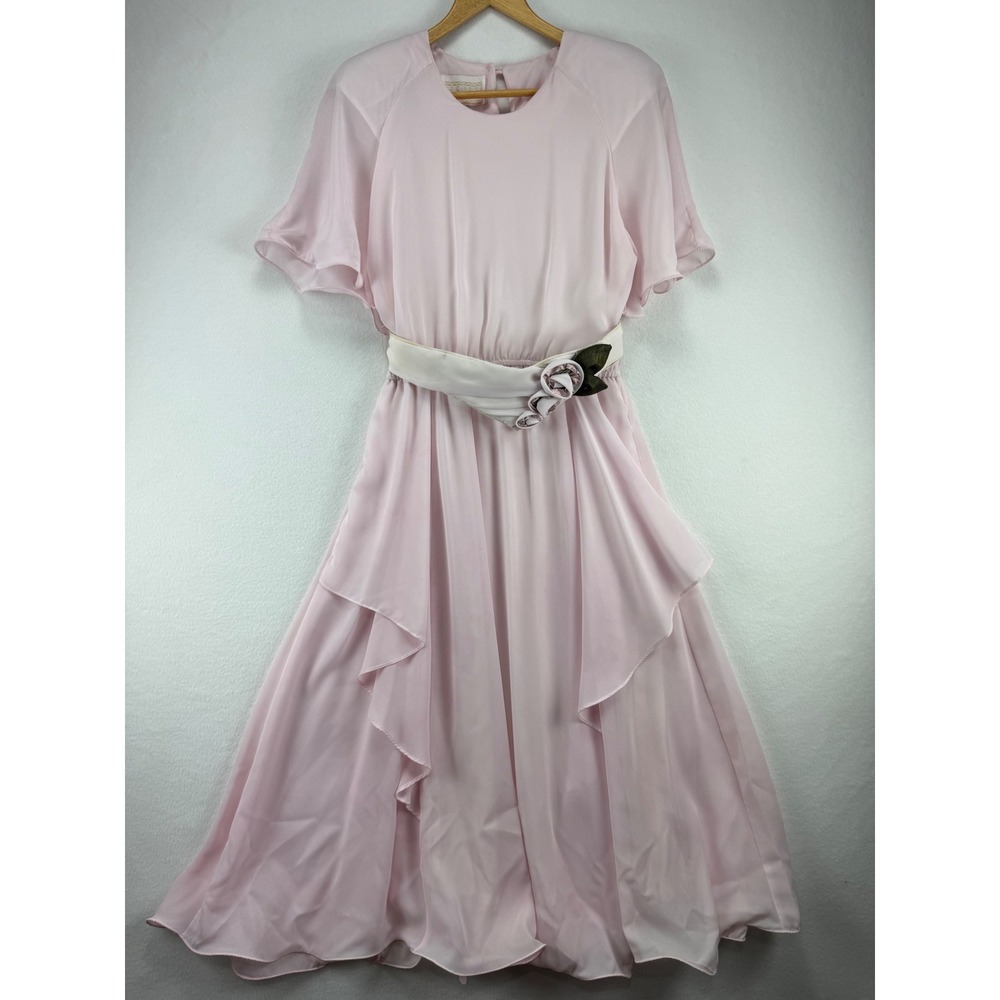 Vintage Spencer Alexis Pink Chiffon Dress Womens 10 Floral Belt Handkerchief Hem